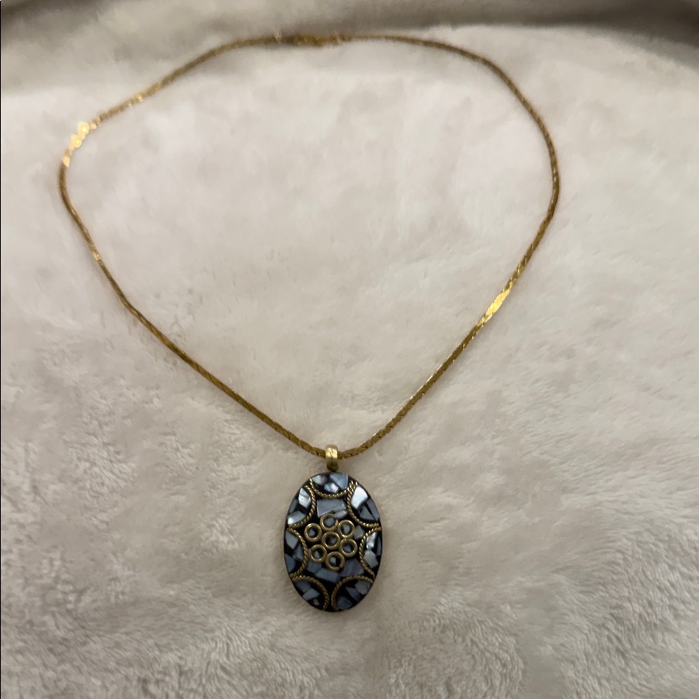 Intricate Gold Tone and Blue Mosaic Necklace - Picture 12 of 13